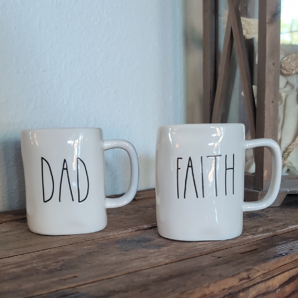 White Ceramic RAY DUNN Mugs Set - 'Dad' and 'Faith'